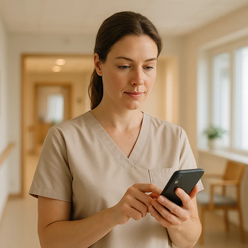 Zorgmedewerker kijkt op haar telefoon